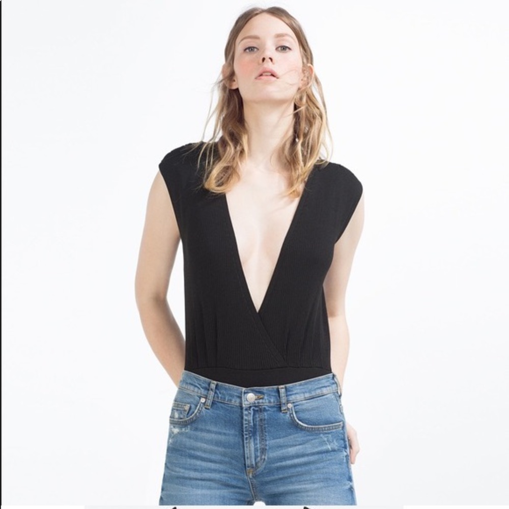 Zara Plunging V Neckline Knit Black Bodysuit